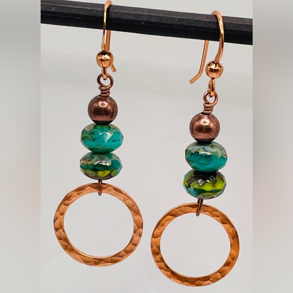 Earthy Stone Stack Earrings, Teal Gold Czech & Copper Hoop Charm Dangles